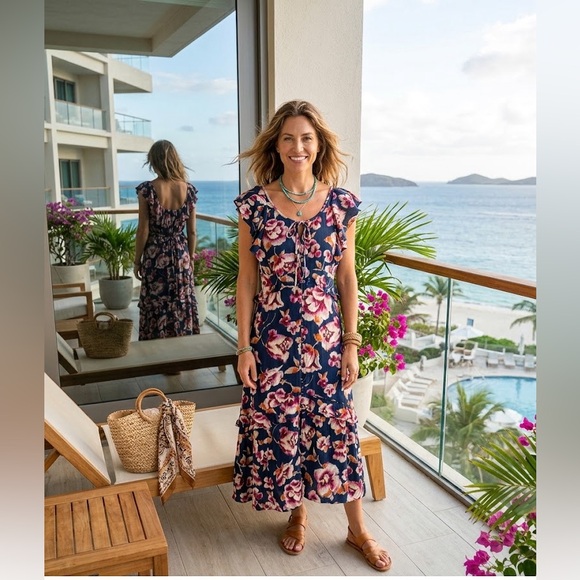 Band of Gypsies Dresses & Skirts - Band Of Gypsie Boho Floral Maxi Dress XS Navy Pink 100% Viscose Resort Coastal